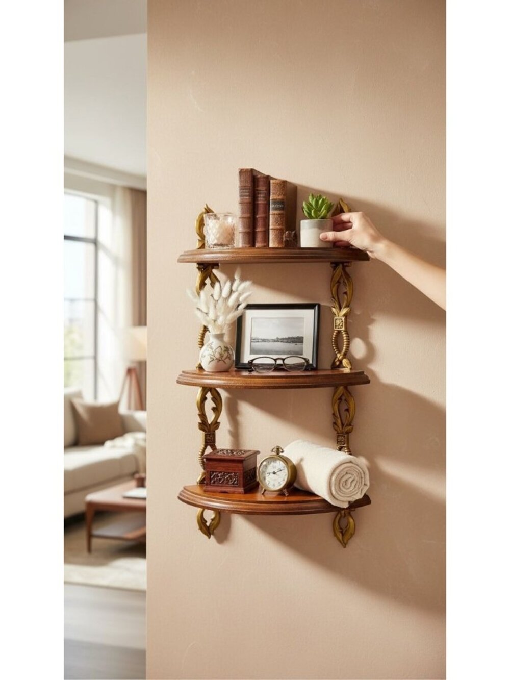Vintage Sexton 3 Tier Wooden Wall Corner Shelf With Ornate Metal Brackets